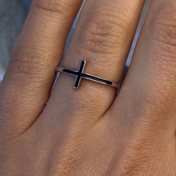 Modern Christian 925 Sterling Silver Cross Black Enamel Ring Size 7