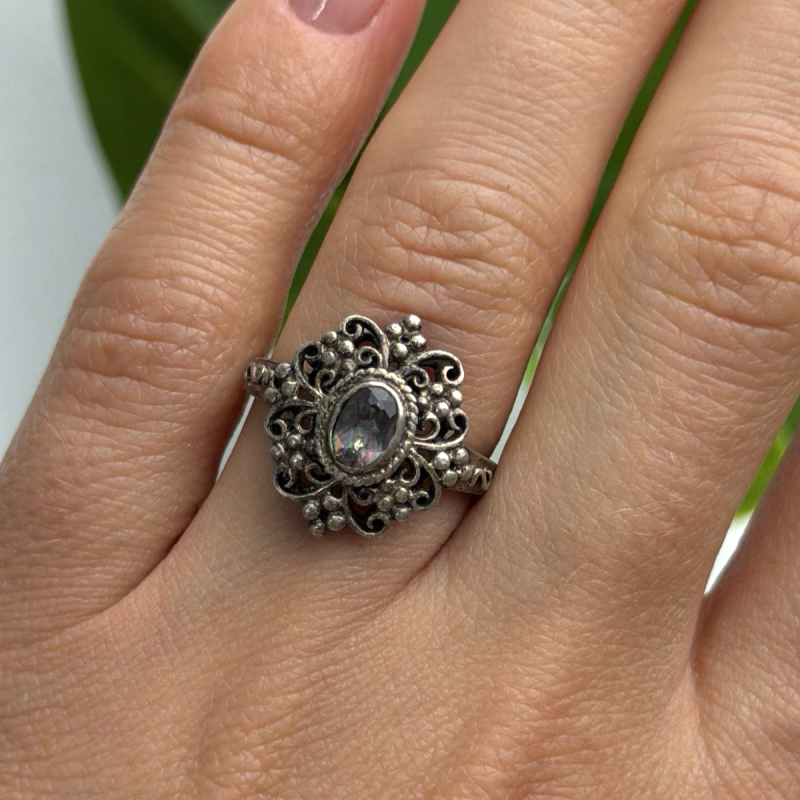 Vintage Filigree 925 Sterling Silver Mystic Topaz Ring Size 7.5