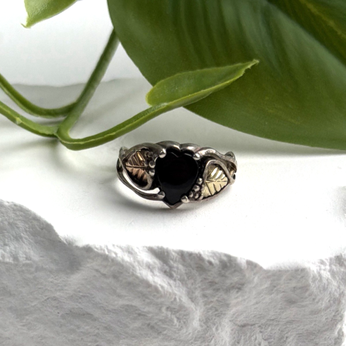 Vintage 925 Sterling Silver & 12K Gold Leaf Black Onyx Ring Size 6