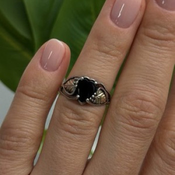 Vintage 925 Sterling Silver & 12K Gold Leaf Black Onyx Ring Size 6