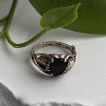 Vintage 925 Sterling Silver & 12K Gold Leaf Black Onyx Ring Size 6