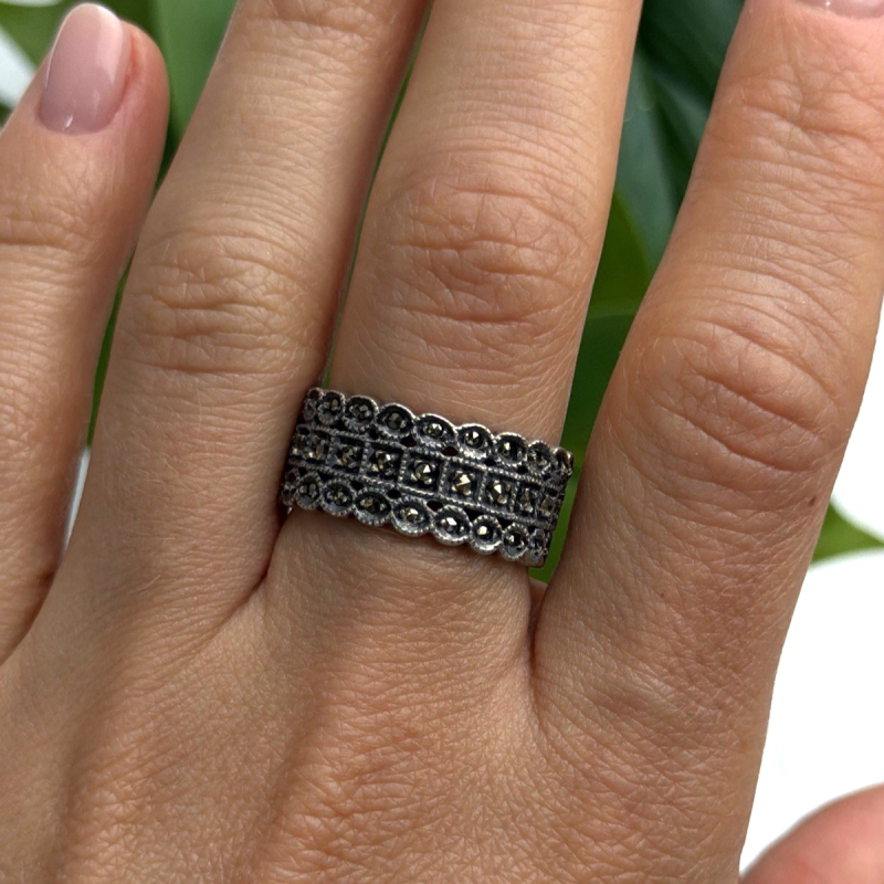 Vintage Art Deco Style 925 Sterling Silver Marcasite Band Ring Size 9