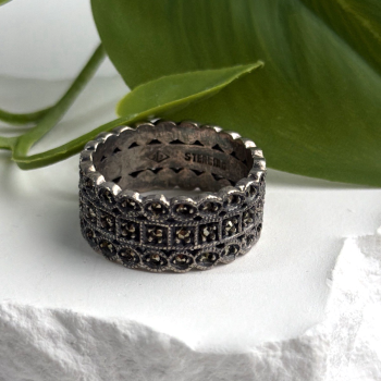 Vintage Art Deco Style 925 Sterling Silver Marcasite Band Ring Size 9