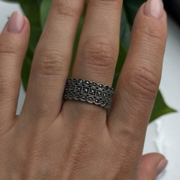 Vintage Art Deco Style 925 Sterling Silver Marcasite Band Ring Size 9