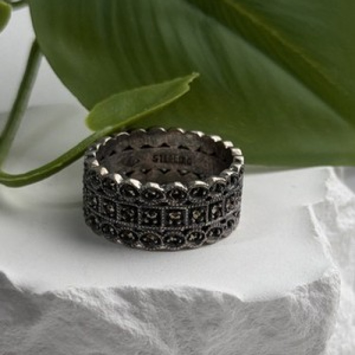 Vintage Art Deco Style 925 Sterling Silver Marcasite Band Ring Size 9