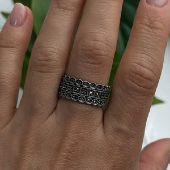 Vintage Art Deco Style 925 Sterling Silver Marcasite Band Ring Size 9