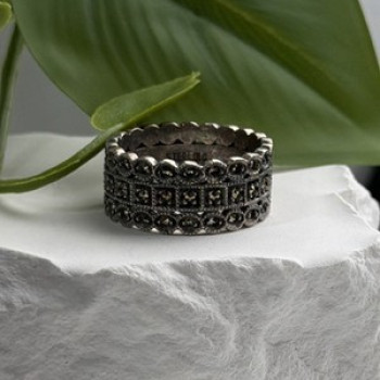 Vintage Art Deco Style 925 Sterling Silver Marcasite Band Ring Size 9