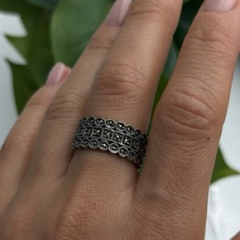 Vintage Art Deco Style 925 Sterling Silver Marcasite Band Ring Size 9