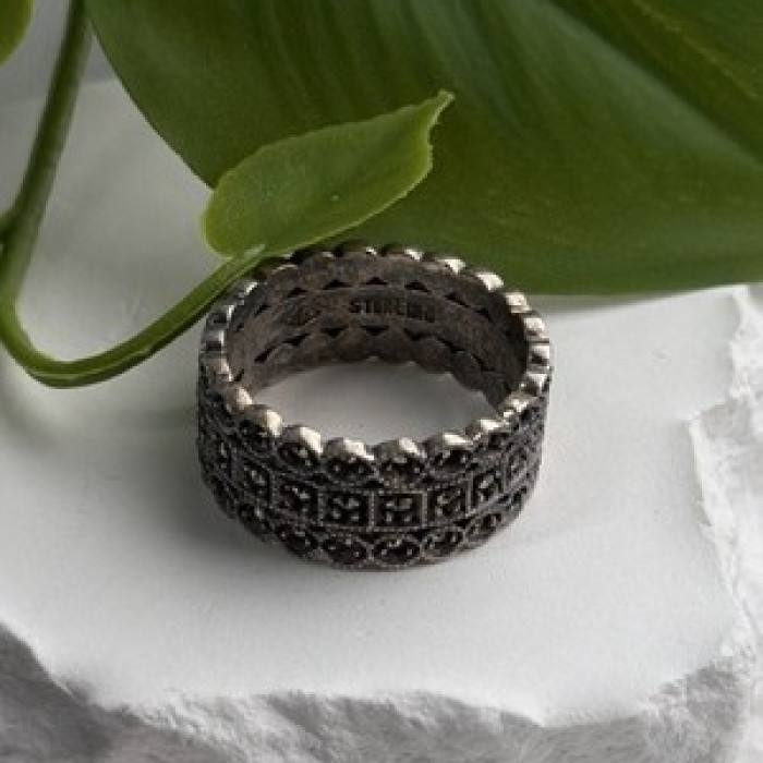 Vintage Art Deco Style 925 Sterling Silver Marcasite Band Ring Size 9