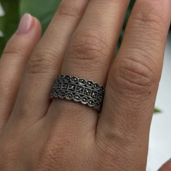 Vintage Art Deco Style 925 Sterling Silver Marcasite Band Ring Size 9