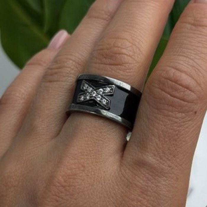 Vintage 925 Sterling Silver Black Enamel & Cz Ring Size 9