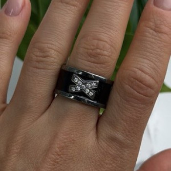 Vintage 925 Sterling Silver Black Enamel & Cz Ring Size 9
