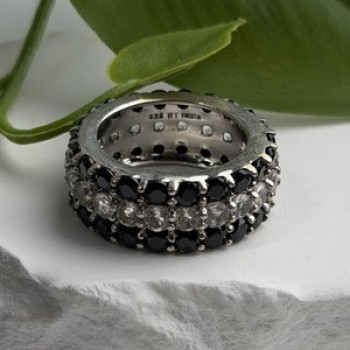 Vintage 925 Sterling Silver Black Spinel & White Topaz Eternity Band Ring Size 7