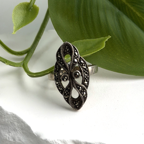 Vintage Filigree 925 Sterling Silver Marcasite Ring Size 6