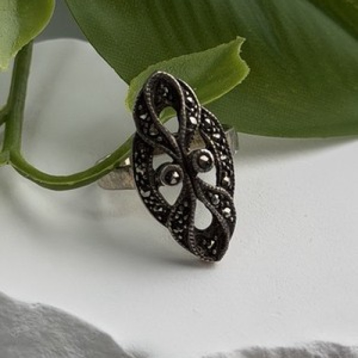 Vintage Filigree 925 Sterling Silver Marcasite Ring Size 6