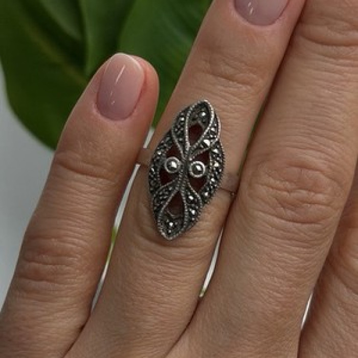 Vintage Filigree 925 Sterling Silver Marcasite Ring Size 6
