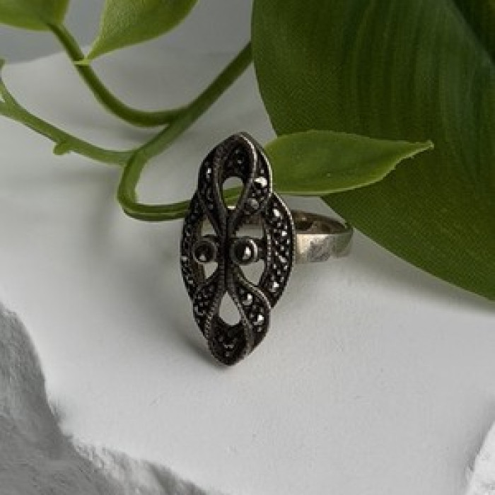 Vintage Filigree 925 Sterling Silver Marcasite Ring Size 6