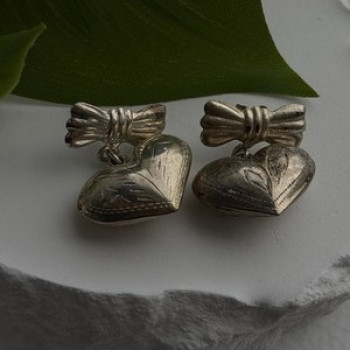 Vintage Heart with Bow Dangle 925 Sterling Silver Earrings