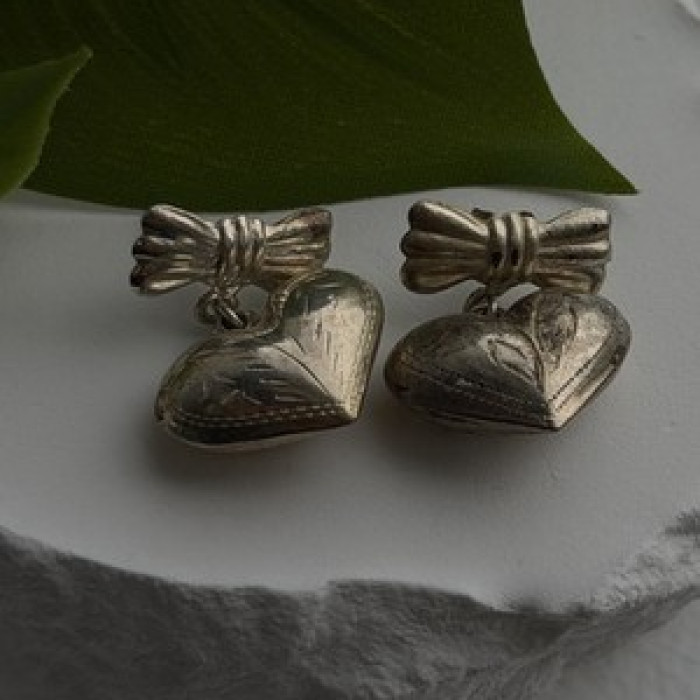 Vintage Heart with Bow Dangle 925 Sterling Silver Earrings