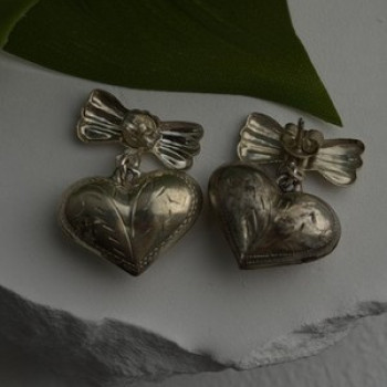 Vintage Heart with Bow Dangle 925 Sterling Silver Earrings