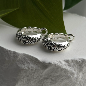 Vintage Floral Hoop Engraved Boho Western 925 Sterling Silver Earrings