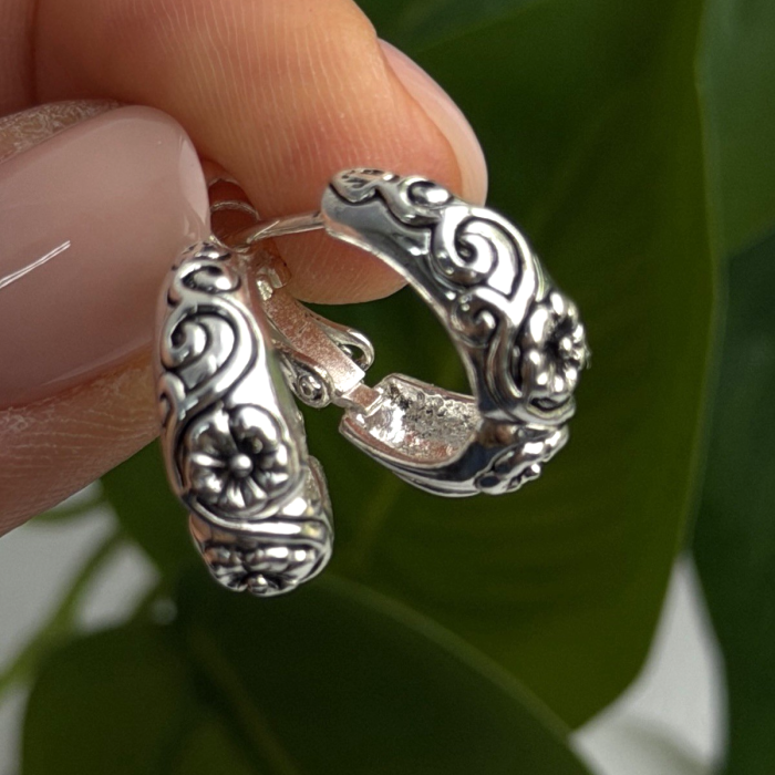 Vintage Floral Hoop Engraved Boho Western 925 Sterling Silver Earrings