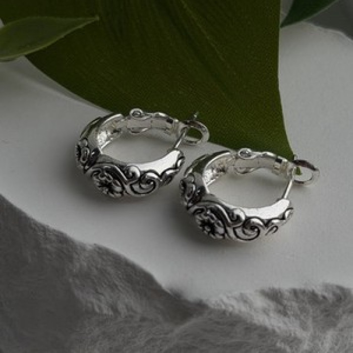 Vintage Floral Hoop Engraved Boho Western 925 Sterling Silver Earrings