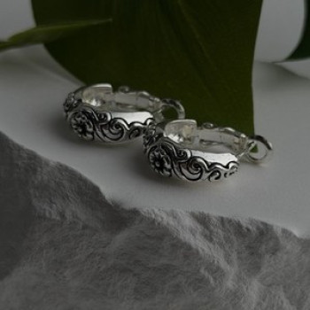 Vintage Floral Hoop Engraved Boho Western 925 Sterling Silver Earrings