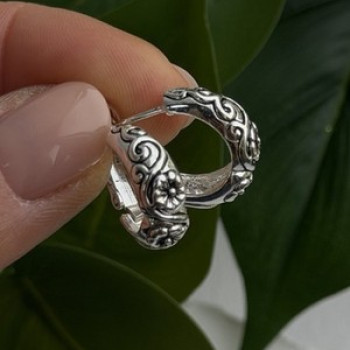 Vintage Floral Hoop Engraved Boho Western 925 Sterling Silver Earrings