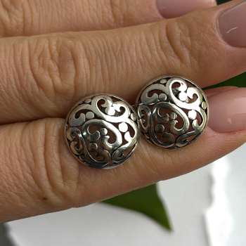 Vintage Scroll Stud Ornate Filigree Dome 925 Sterling Silver Earrings