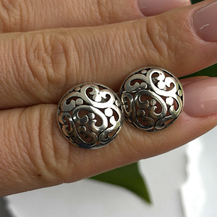 Vintage Scroll Stud Ornate Filigree Dome 925 Sterling Silver Earrings