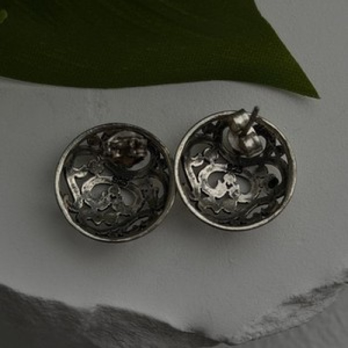 Vintage Scroll Stud Ornate Filigree Dome 925 Sterling Silver Earrings