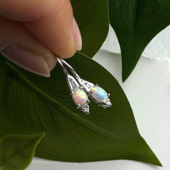 Art Deco Vintage 925 Sterling Silver Opal & Beryl Drop Earrings