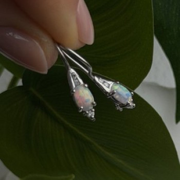 Art Deco Vintage 925 Sterling Silver Opal & Beryl Drop Earrings
