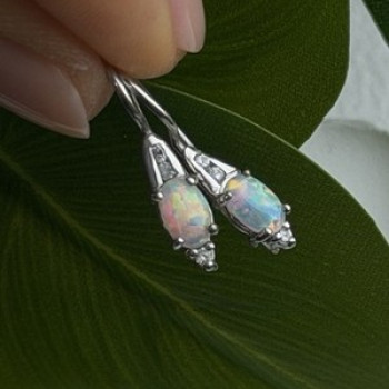 Art Deco Vintage 925 Sterling Silver Opal & Beryl Drop Earrings