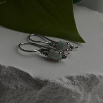 Art Deco Vintage 925 Sterling Silver Opal & Beryl Drop Earrings