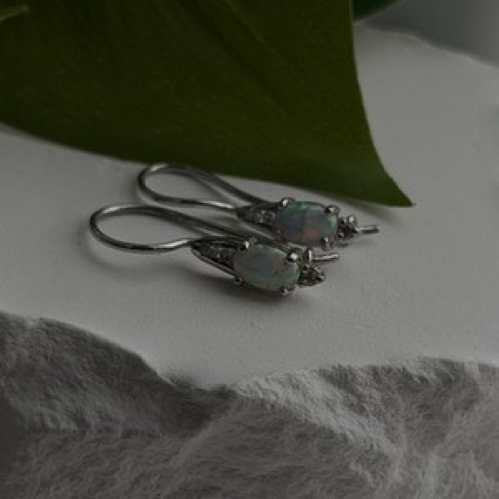 Art Deco Vintage 925 Sterling Silver Opal & Beryl Drop Earrings