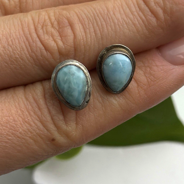 Vintage 925 Sterling Silver Larimar Stud Earrings