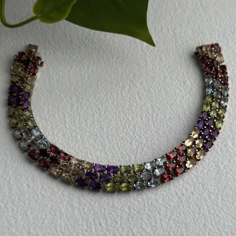 Luxury Rainbow Tennis 925 Sterling Silver Multicolor Gemstones Bracelet 7