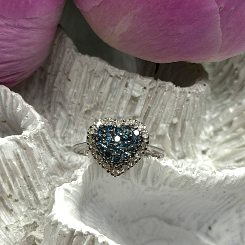 14K White Gold Heart Blue & White Diamonds Ring Size 6