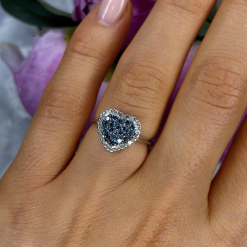 14K White Gold Heart Blue & White Diamonds Ring Size 6