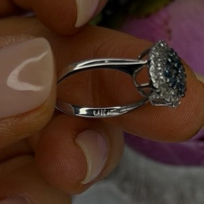 14K White Gold Heart Blue & White Diamonds Ring Size 6