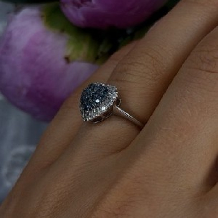 14K White Gold Heart Blue & White Diamonds Ring Size 6