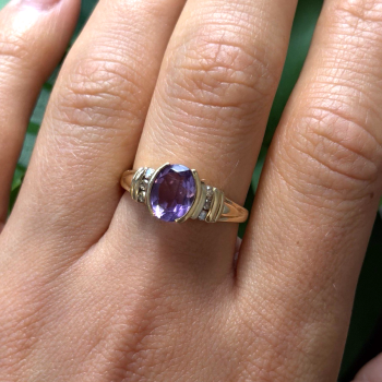 10K Yellow Gold Purple Amethyst & Diamond Ring Size 8.5