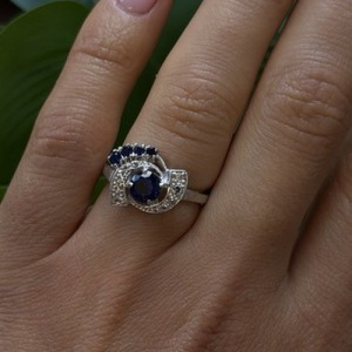 10K White Gold Blue & White Sapphire Cocktail Floral Ring Size 6.5