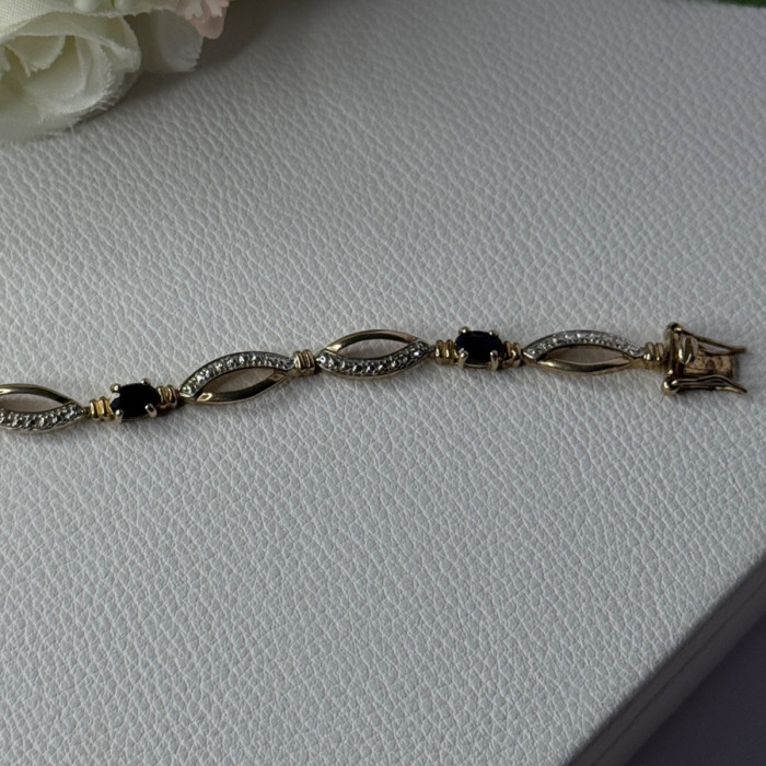 Dl 925 Sterling Silver Gold Plated Sapphire Bracelet Length 7.5 Inch