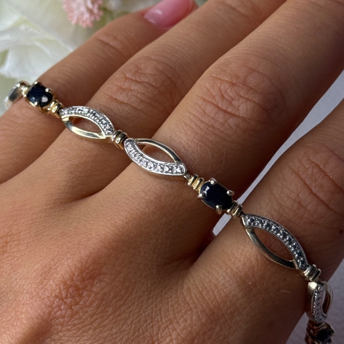 Dl 925 Sterling Silver Gold Plated Sapphire Bracelet Length 7.5 Inch