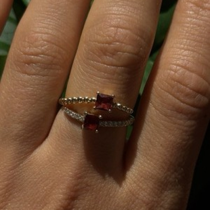 Modern Adjustable 14K Yellow Gold Garnet & Diamond Ring