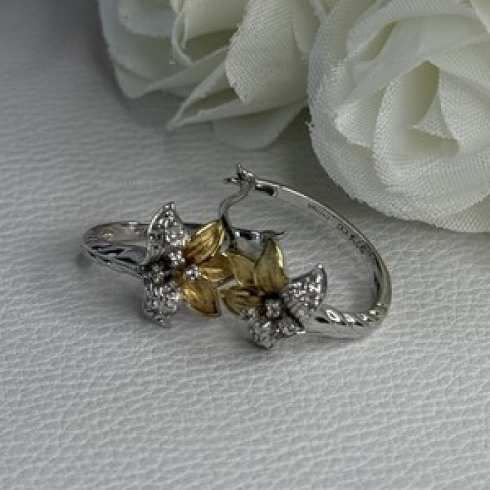 925 Sterling Silver Gold Plated Flowers Earrings Length 0.75 Inch