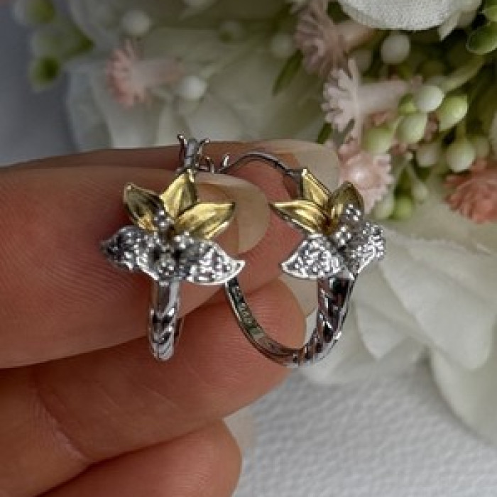 925 Sterling Silver Gold Plated Flowers Earrings Length 0.75 Inch